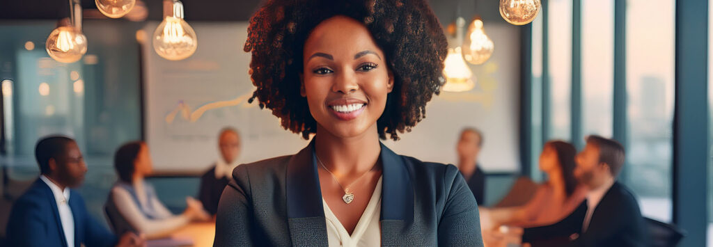 Leader standing in front of team in conference room